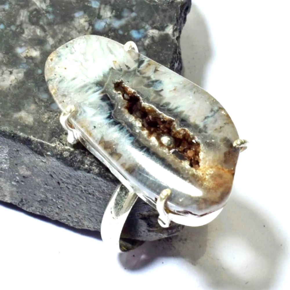 STERLING SILVER SOLAR AGATE GEMSTONE RING